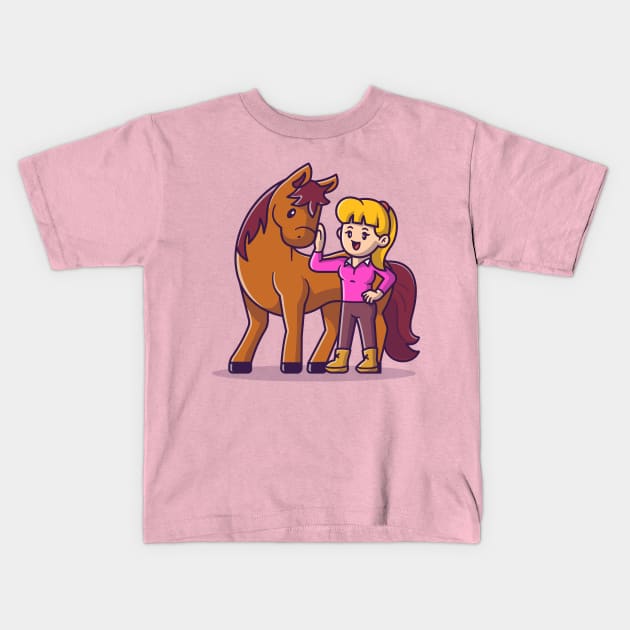 Cute Woman With Horse Cartoon Kids T-Shirt by Catalyst Labs